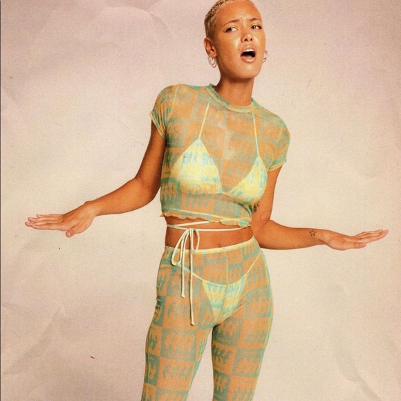 Inamorata Mesh Set, Beechwood Pant and Bambi Tee, teal check, size small - Picture 1 of 3